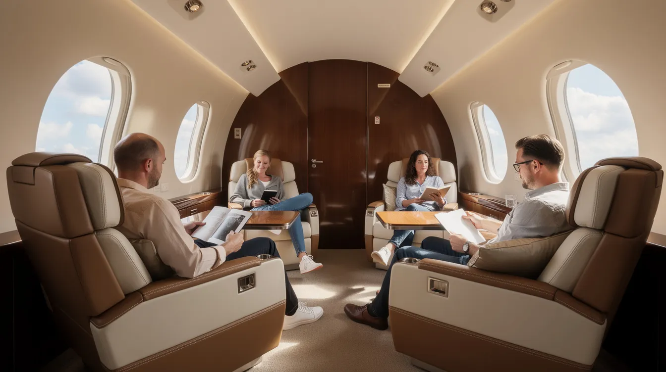 Inside a luxurious private jet cabin, passengers are relaxing in plush leather seats while natural light streams through large windows, showcasing the comfort and elegance of private jet travel. The serene atmosphere highlights the personalized service and unparalleled convenience that comes with flying private.