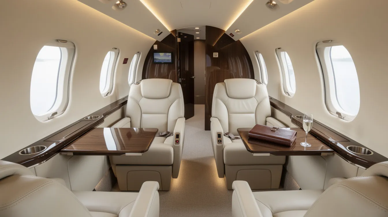 The image depicts the interior of a midsize private jet cabin featuring luxurious leather seats arranged in a club configuration, complemented by large oval windows that offer a view of the sky. This elegant space is designed for small groups, emphasizing comfort and convenience in business aviation.