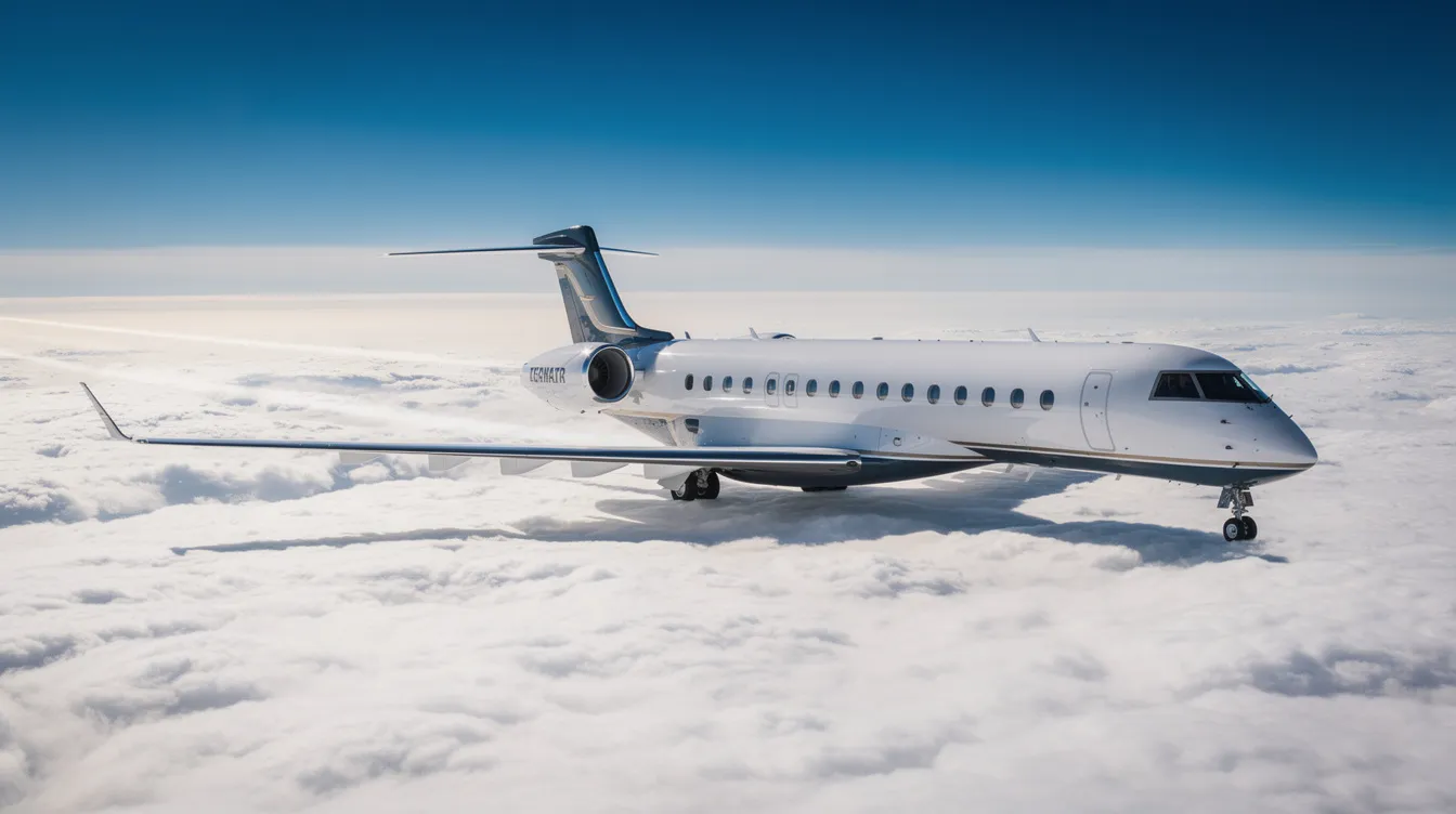 A large ultra long range private jet soars above a thick layer of white clouds, with a clear blue sky stretching above. This luxurious business aircraft exemplifies advanced technology and is designed for transcontinental flights, offering comfort and efficiency for its passengers.