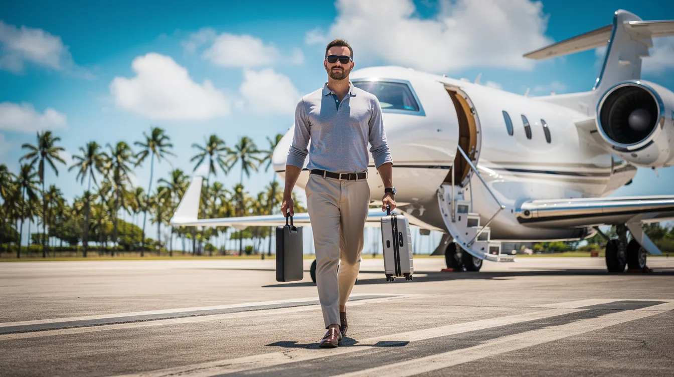 A confident business traveler in casual attire strides toward a sleek white private jet on a sunny runway, with palm trees lining the background, embodying the essence of private aviation membership and the ease of flying private with Silver Air. This scene captures the simplicity and luxury of a journey designed for next-generation travelers.