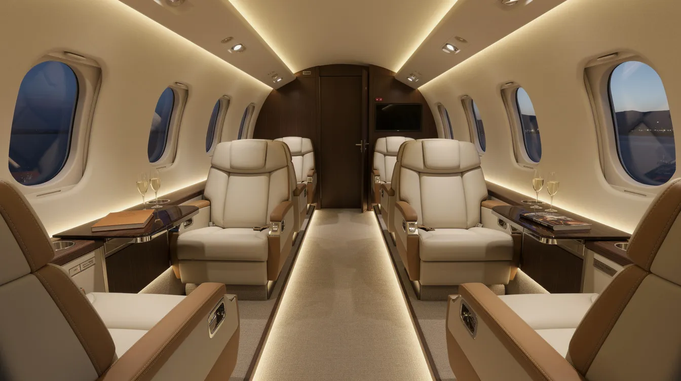 The image showcases a spacious luxury aircraft interior, featuring wide leather seating and ambient lighting that creates a relaxing atmosphere. This private jet, reminiscent of a Boeing 747, offers an elegant flying experience with ample passenger seating areas and a sense of true luxury.
