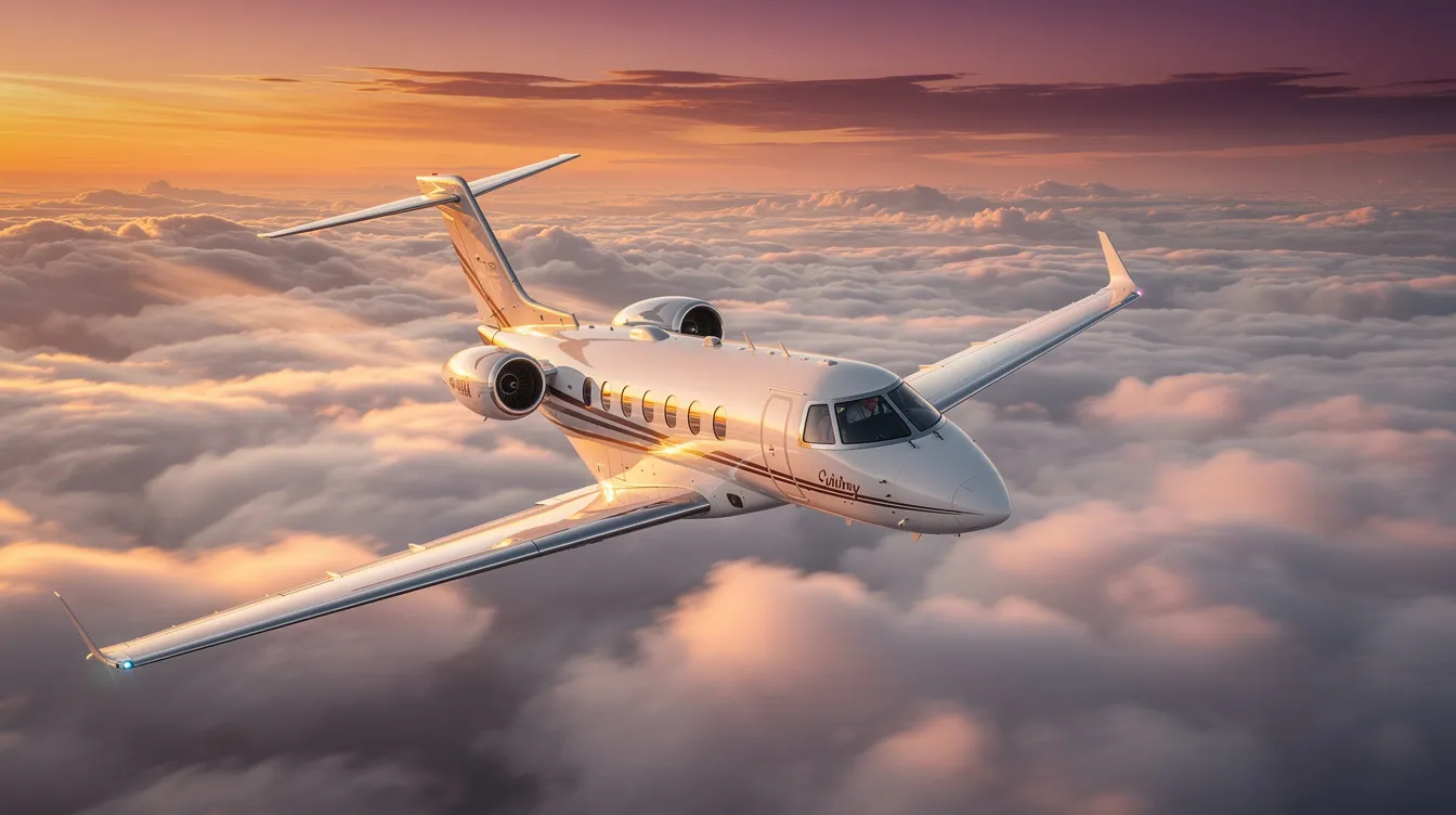 A small private jet is soaring above a sea of fluffy clouds, illuminated by the warm hues of a sunset. This efficient aircraft, designed for private jet travel, offers a serene flight experience, showcasing its compact size and advanced avionics as it glides through the colorful sky.