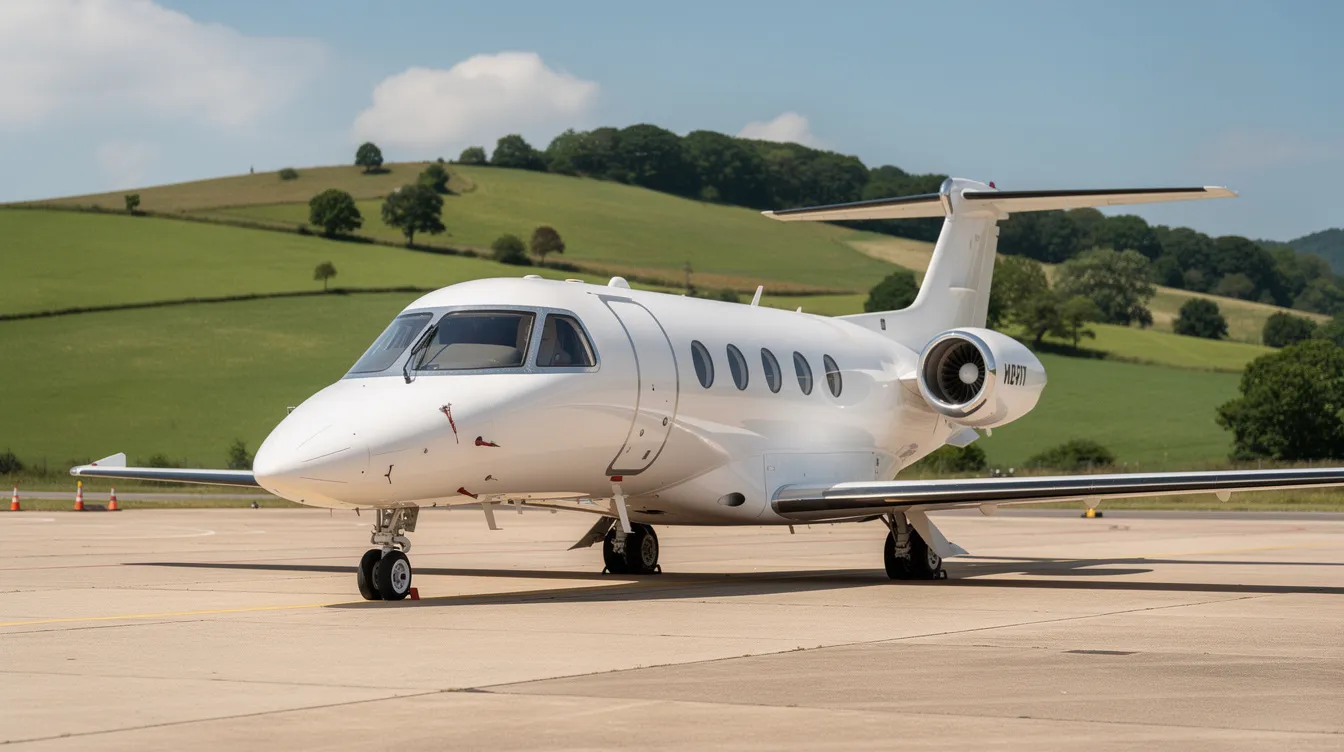 A small white private jet is parked on the tarmac at a regional airport, with lush green hills in the background, showcasing its compact size and efficient design for private jet travel. This light jet is ideal for short distance travel, offering personalized service and lower operational costs compared to larger aircraft.
