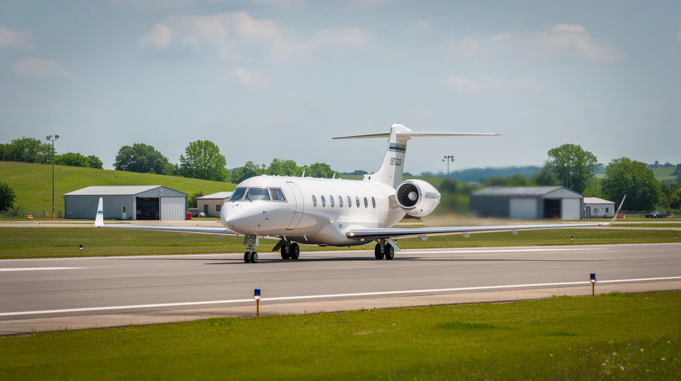 A large private jet, likely a Gulfstream or Bombardier model, is taxiing on a runway at a regional airport, with a lush green landscape surrounding the area. The aircraft is designed for business and leisure travel, offering spacious cabin dimensions and luxurious amenities for an exceptional flying experience.