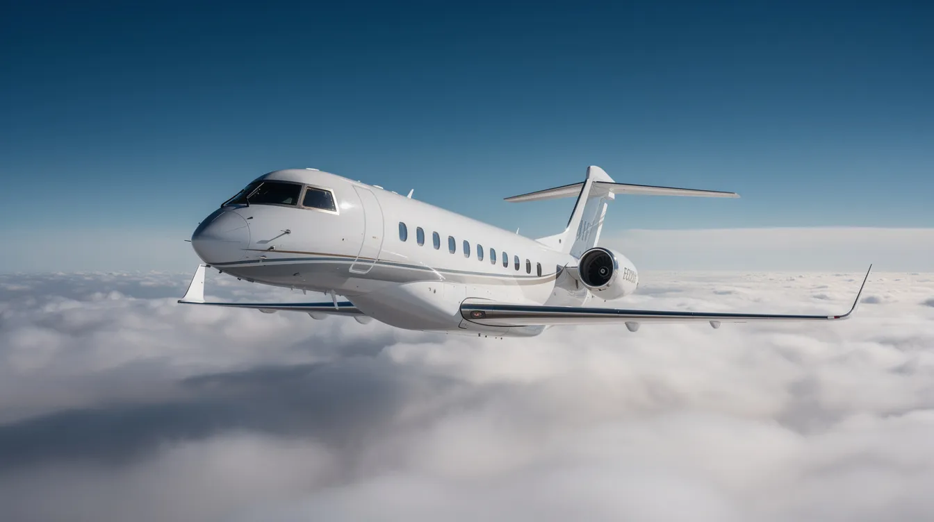 A large-cabin business jet soars through a clear blue sky above a blanket of fluffy white clouds, showcasing the elegance of private aviation. This image highlights the luxury of flying in a private aircraft, often piloted by experienced private jet pilots who enjoy flexible schedules and competitive compensation packages.