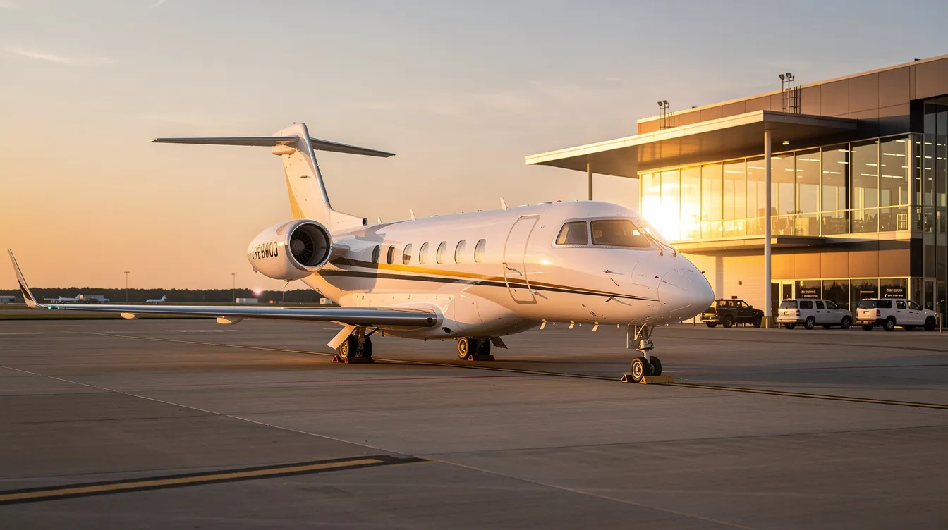 A light jet is parked on the tarmac at a private aviation terminal, bathed in the warm glow of the golden hour. This scene highlights the world of private pilots and the luxurious nature of private aircraft, often associated with flexible schedules and the aviation industry's elite.