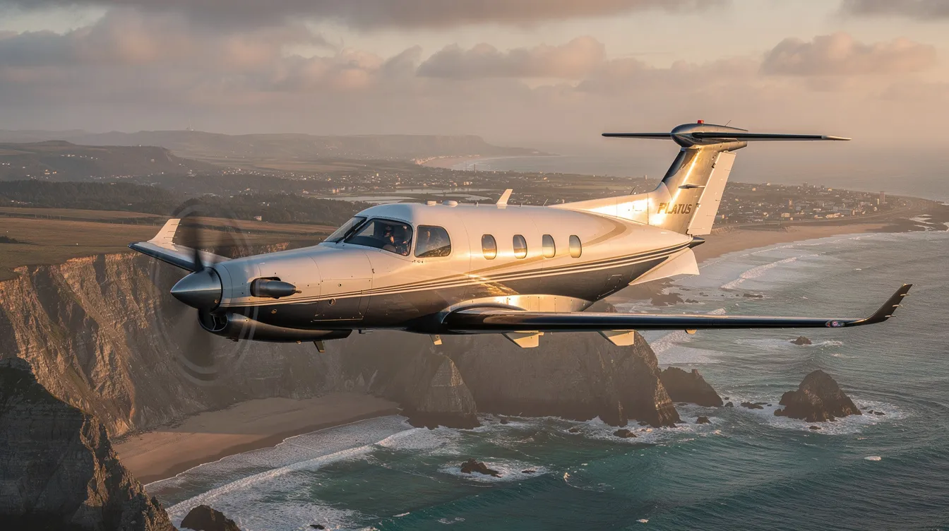 A Pilatus PC-12 turboprop aircraft soars above a picturesque coastal landscape, showcasing its sleek design and versatility as a private jet charter option. This image highlights the aircraft's capability for both business and leisure travel, emphasizing its efficiency and lower operating costs compared to larger jets.