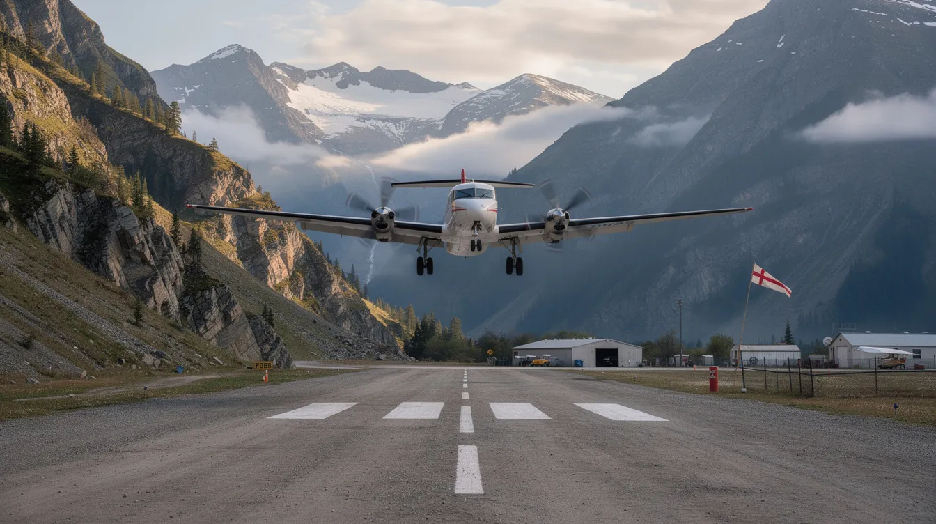 A small twin-engine turboprop aircraft is landing at a mountain airstrip, showcasing its versatility for private flights to remote airports. This turboprop aircraft exemplifies the cost-effective option for charter flights, particularly in challenging terrains.