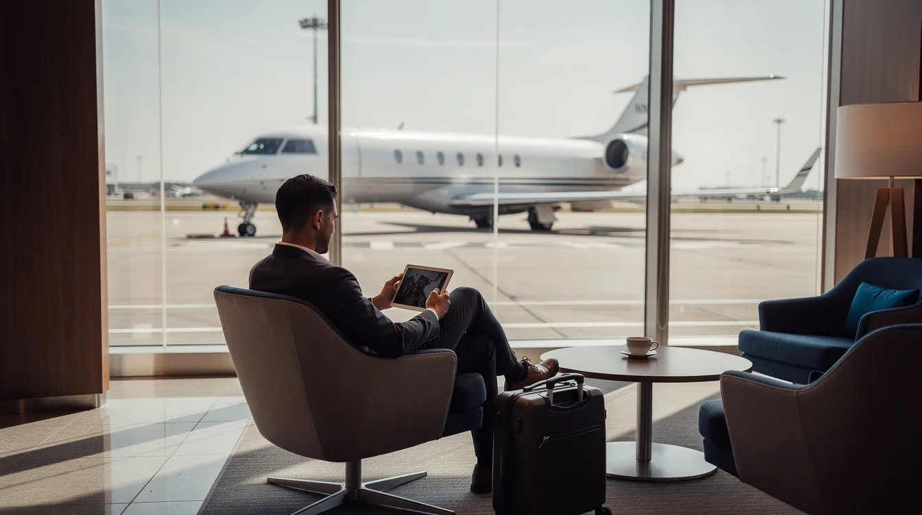 A person is seated in an airport lounge, focused on a tablet device, while a sleek private jet is visible through large windows behind them, highlighting the world of private aviation and air charter services. This scene captures the essence of the air charter broker's role in facilitating luxury travel for clients.