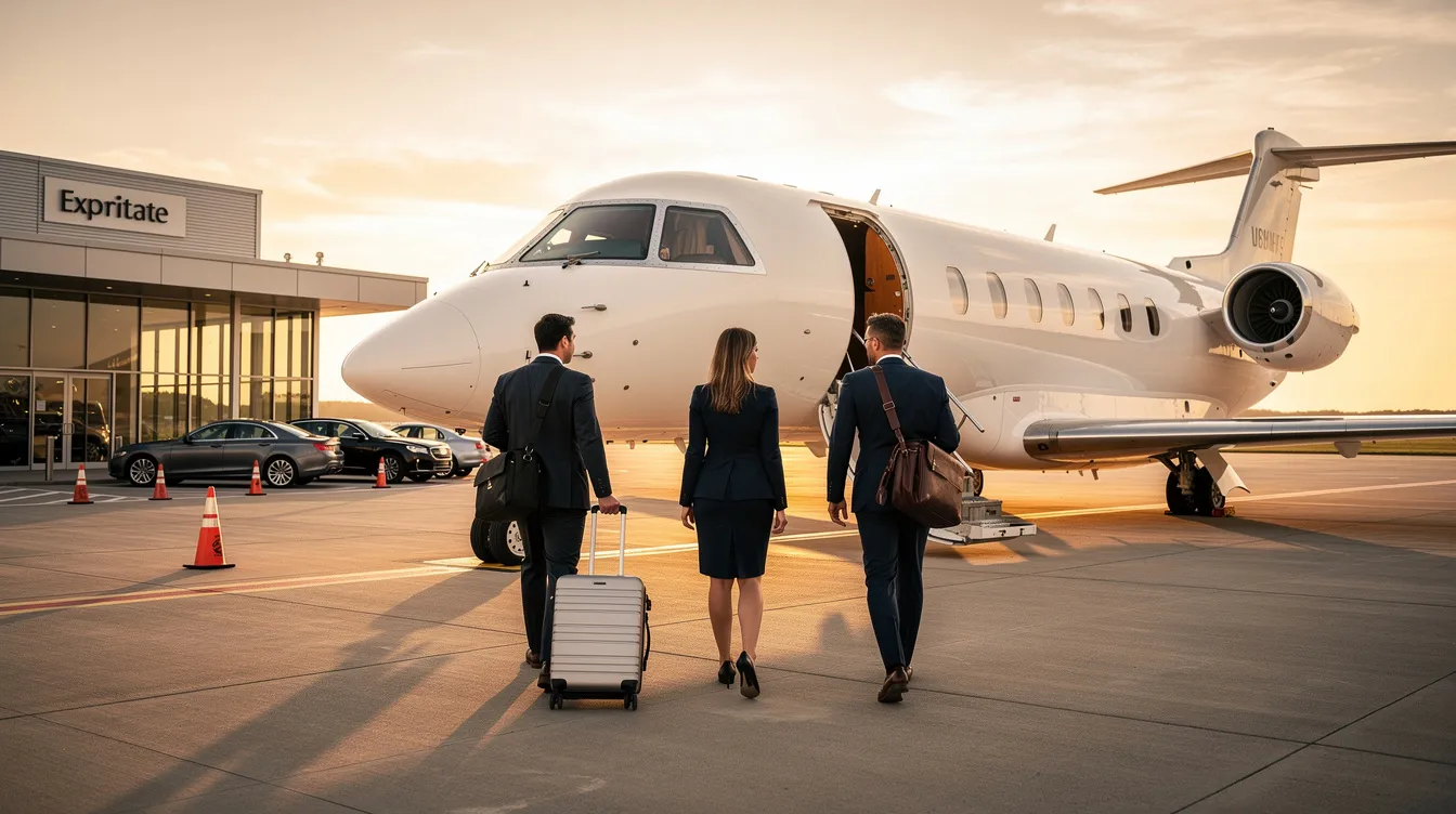 A group of business travelers is walking toward a midsize private jet at a private terminal, showcasing the convenience and efficiency of charter flight services. This scene highlights the strategic advantage of private flights over commercial airlines, emphasizing the overall experience and comfort offered by air charter operators.