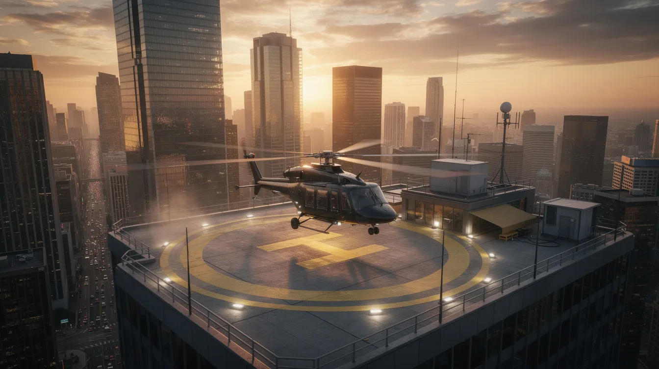 A small helicopter with rotor blades spinning is landing on a rooftop helipad, silhouetted against a vibrant sunset that casts warm hues over a modern city skyline. The scene captures the essence of urban aviation, highlighting the sleek design and powered operation of ultralight helicopters.