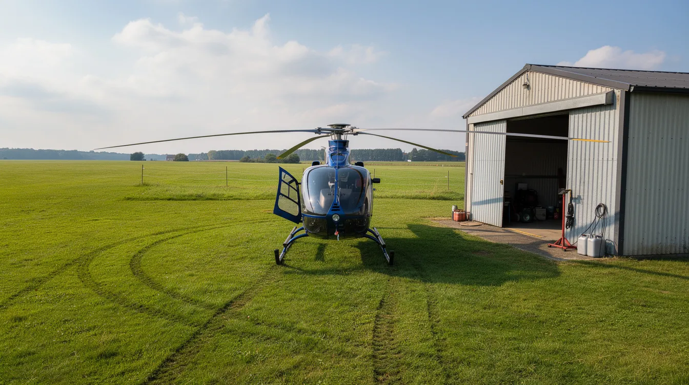 A compact single-seat helicopter, resembling an ultralight rotorcraft, is parked on a grassy field beside a small hangar. The helicopter's sleek design and standard helicopter controls suggest it is ideal for flight instruction and personal aviation adventures.