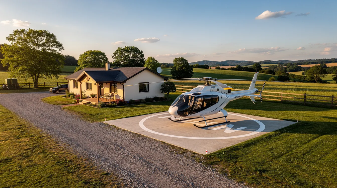 The image depicts a single-person ultralight helicopter parked on a small private landing pad beside a rural house, showcasing its compact design and rotorcraft features. The scene emphasizes the accessibility of personal aviation, highlighting the thrilling potential of flying with turbine engines and standard helicopter controls.