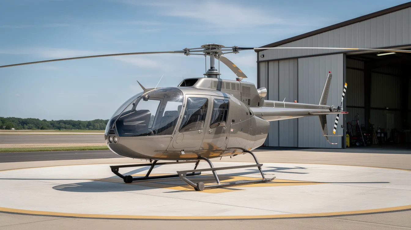 The image shows a Robinson R44 helicopter parked on a concrete helipad, with a hangar in the background. This model is popular among aviation enthusiasts for its four seats and reliable performance, making it a great option for flight schools and private owners alike.