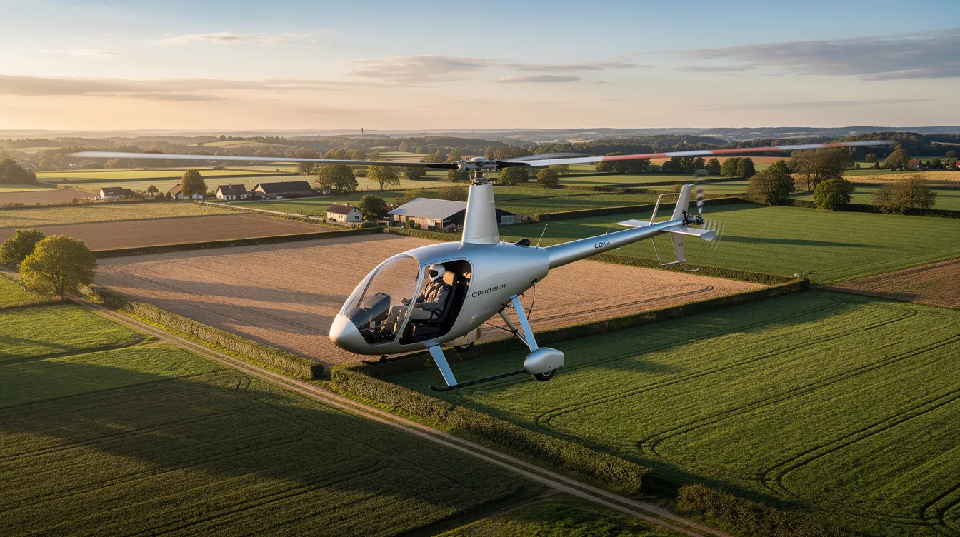 An ultralight helicopter is flying low over open countryside, showcasing expansive farmland below. This lightweight aircraft, popular among aviation enthusiasts, represents an affordable option for those interested in flying.