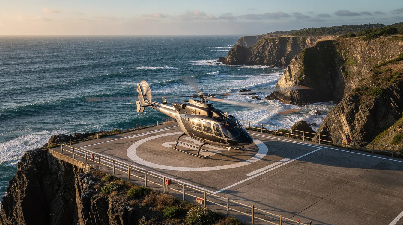A helicopter is landing on a coastal helipad, with stunning views of the ocean and cliffs in the background. This scene showcases the beauty of aviation, highlighting the capabilities of rotorcraft in picturesque locations.
