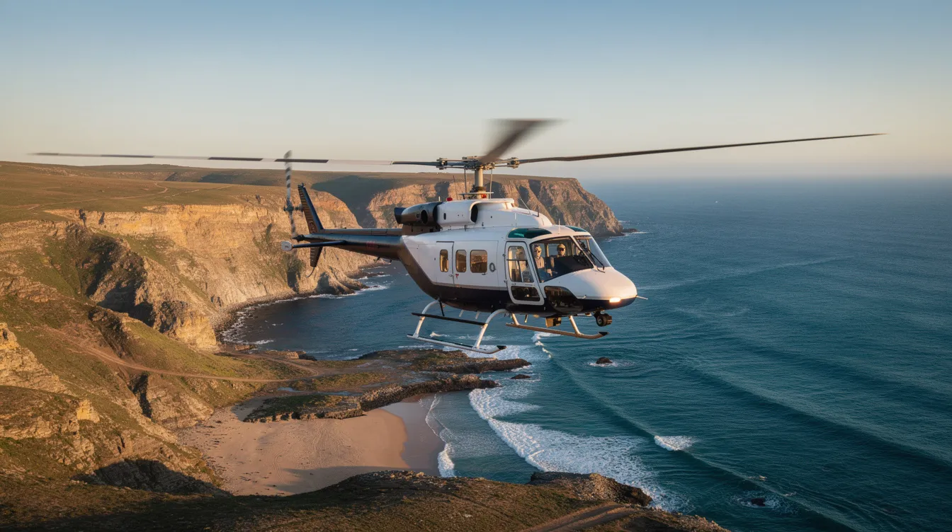 A medium twin-engine helicopter is soaring above coastal terrain, with a vibrant blue ocean visible below. This helicopter, designed for efficient flight, can safely carry passengers and cargo while considering weight limitations and structural integrity.