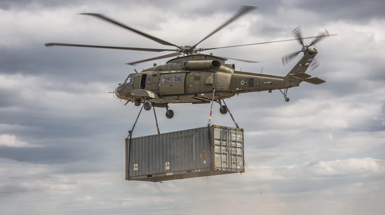 A military cargo helicopter, resembling a Black Hawk, is lifting a large container with a sling load against a backdrop of a cloudy sky. The helicopter's weight and maximum gross weight allow it to safely carry heavy loads, showcasing its capacity for transportation and efficient operation in various weather conditions.