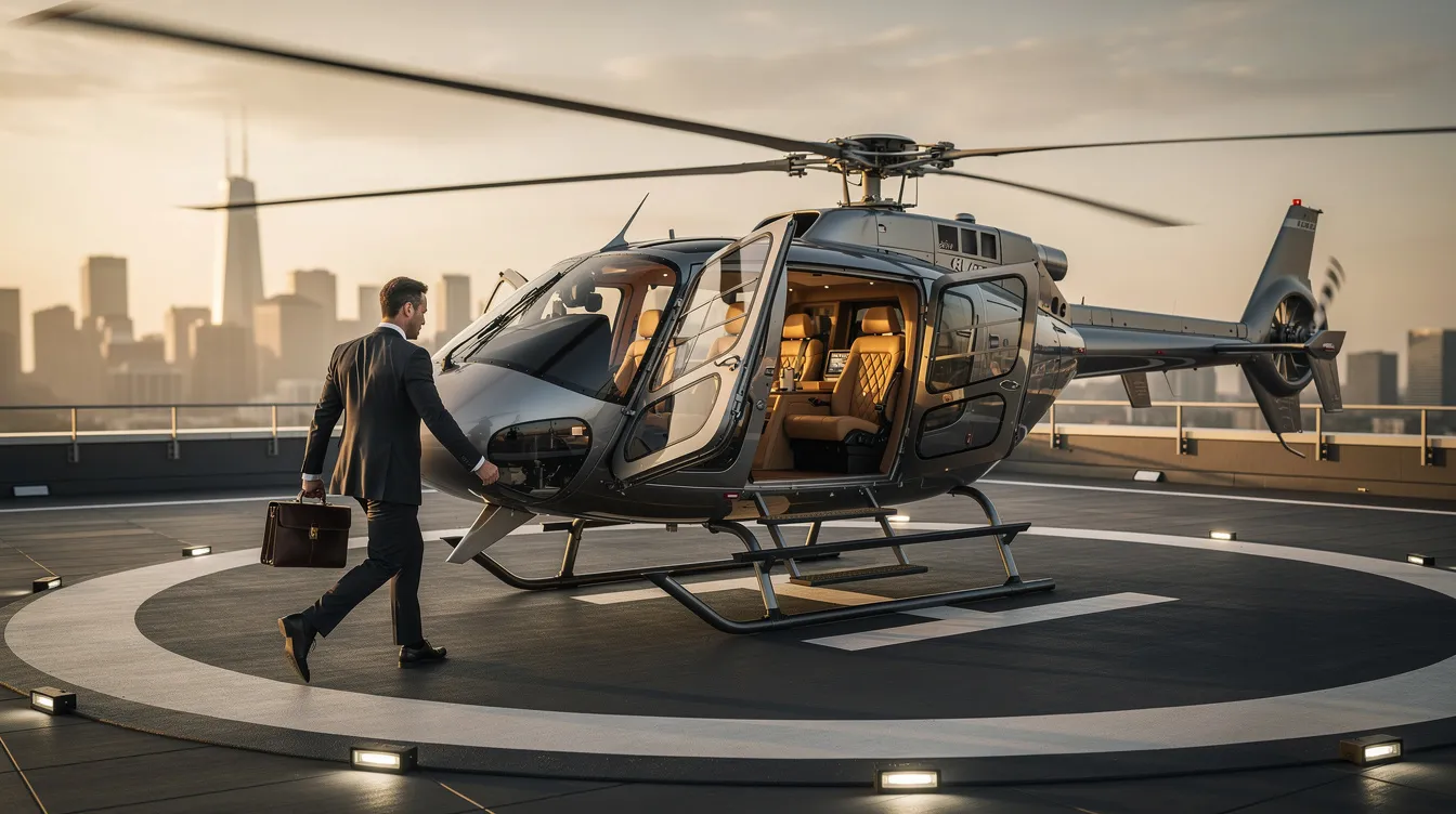 An executive helicopter with a spacious cabin featuring leather interior seats is seen as a passenger boards on a private helipad. This typical helicopter is designed for comfort and efficiency, capable of safely carrying passengers while adhering to weight limitations for optimal performance.