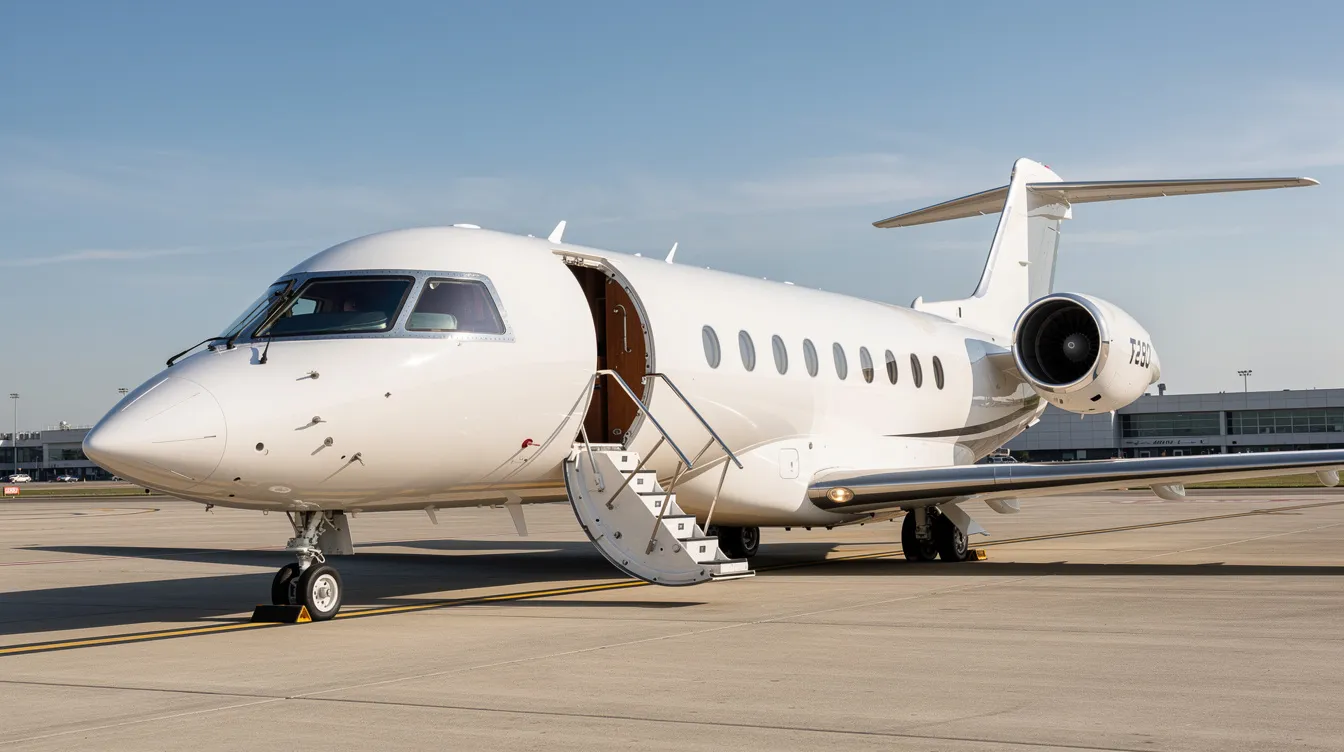 A sleek private jet is parked on the tarmac with its cabin door open and steps extended, inviting first class passengers to board. The clear sky serves as a backdrop, highlighting the luxury and exclusivity of this private flight experience.