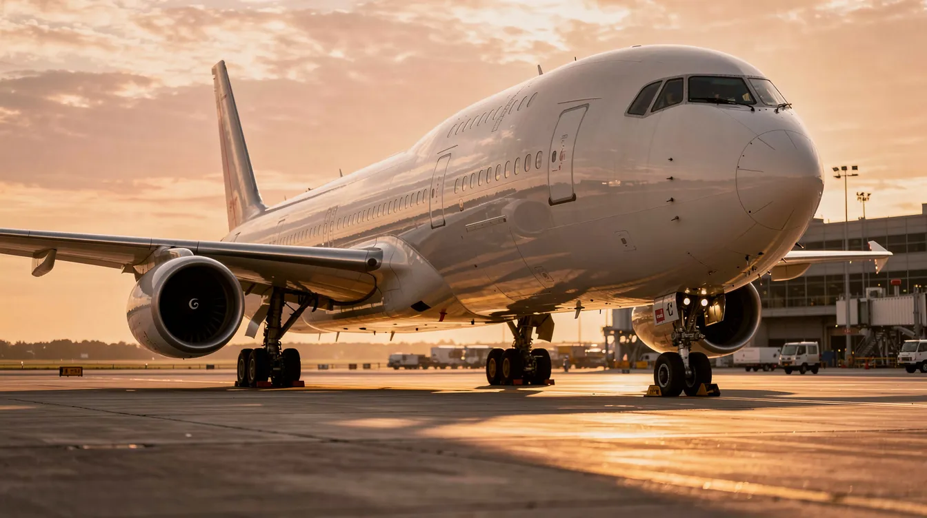 The image captures a wide-body commercial aircraft, such as a Boeing 777-300ER, parked on the tarmac during golden hour, showcasing its elegant profile against a warm, glowing sky. This scene emphasizes the luxurious experience associated with first class flights, highlighting the aircraft's design that caters to first class passengers.