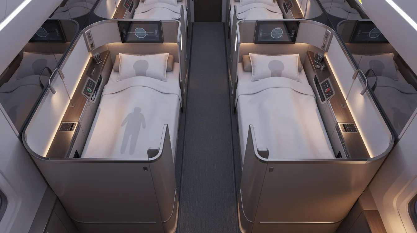 An overhead view of a luxurious first class cabin showcases individual suites, each featuring soft lighting and lie-flat beds, designed for maximum comfort and privacy for first class passengers. The elegant layout emphasizes the exclusivity and premium experience of international first class flights.