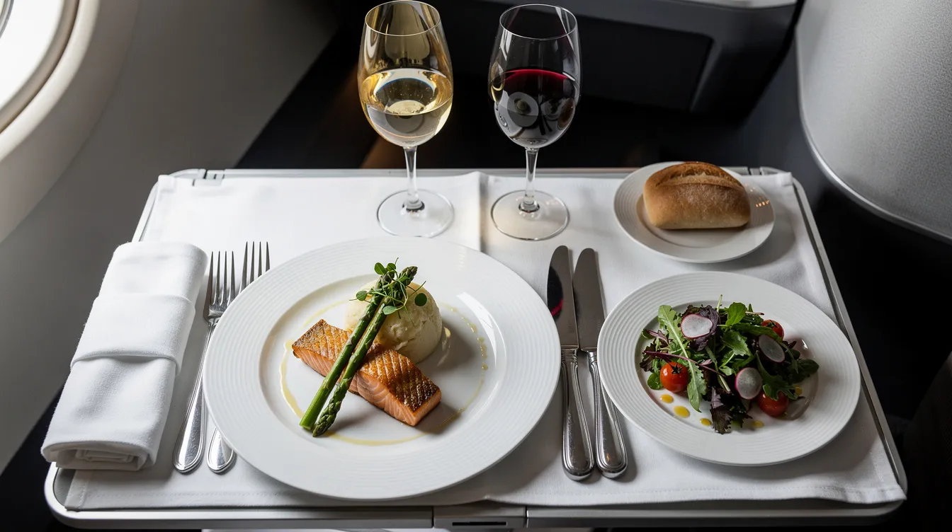 An elegantly plated gourmet meal is served on fine china, accompanied by wine glasses, all beautifully arranged on an aircraft tray table, showcasing the luxurious dining experience typical for first class passengers. The image captures the essence of fine dining in the first class cabin, highlighting the attention to detail and premium service offered during international flights.