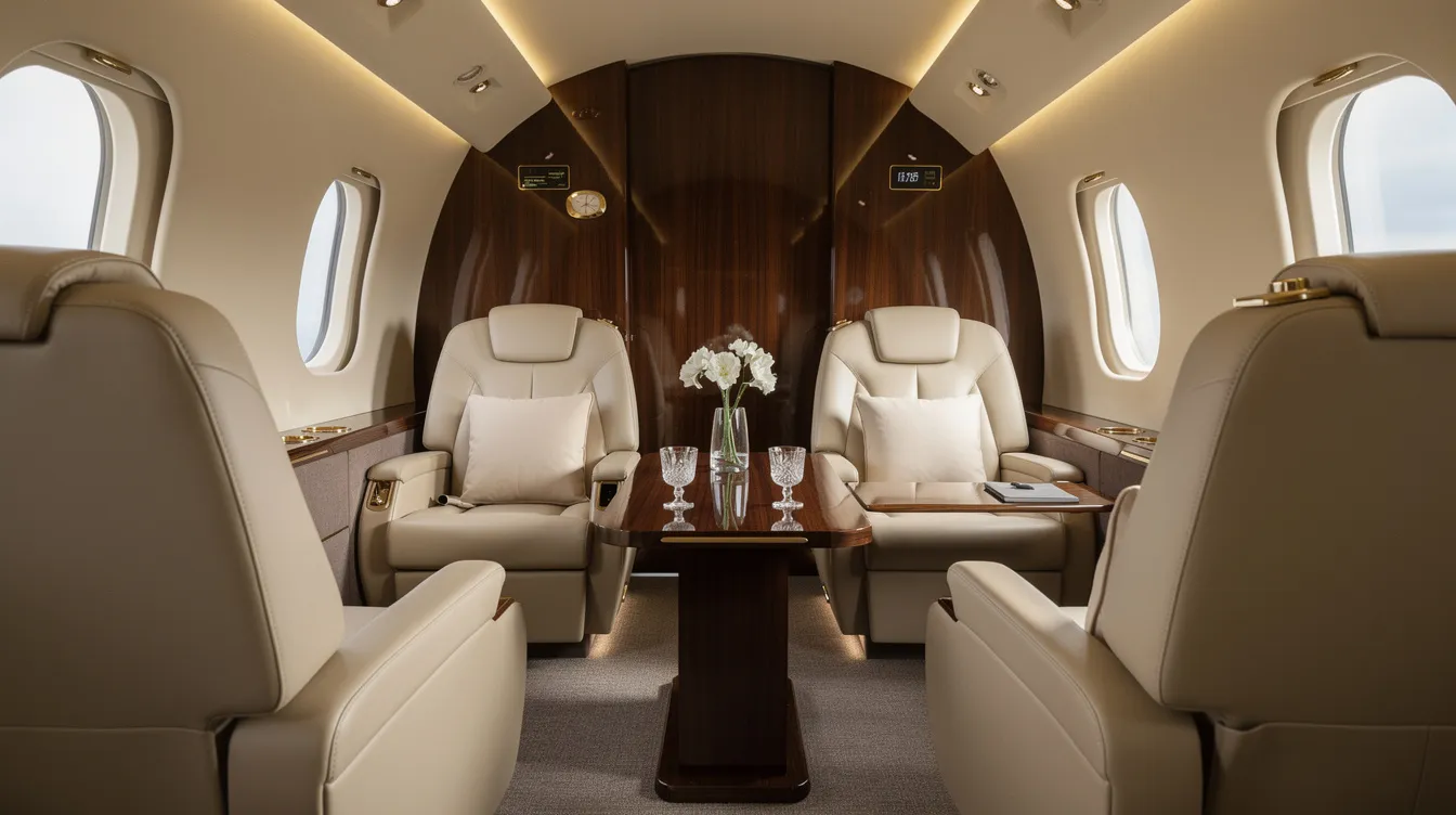 The image showcases a luxurious private jet interior featuring plush cream leather seats, elegant wood paneling, and soft ambient lighting, creating an atmosphere of unparalleled luxury. This sophisticated space is designed for private air travel, offering an inviting environment for relaxation or business meetings.