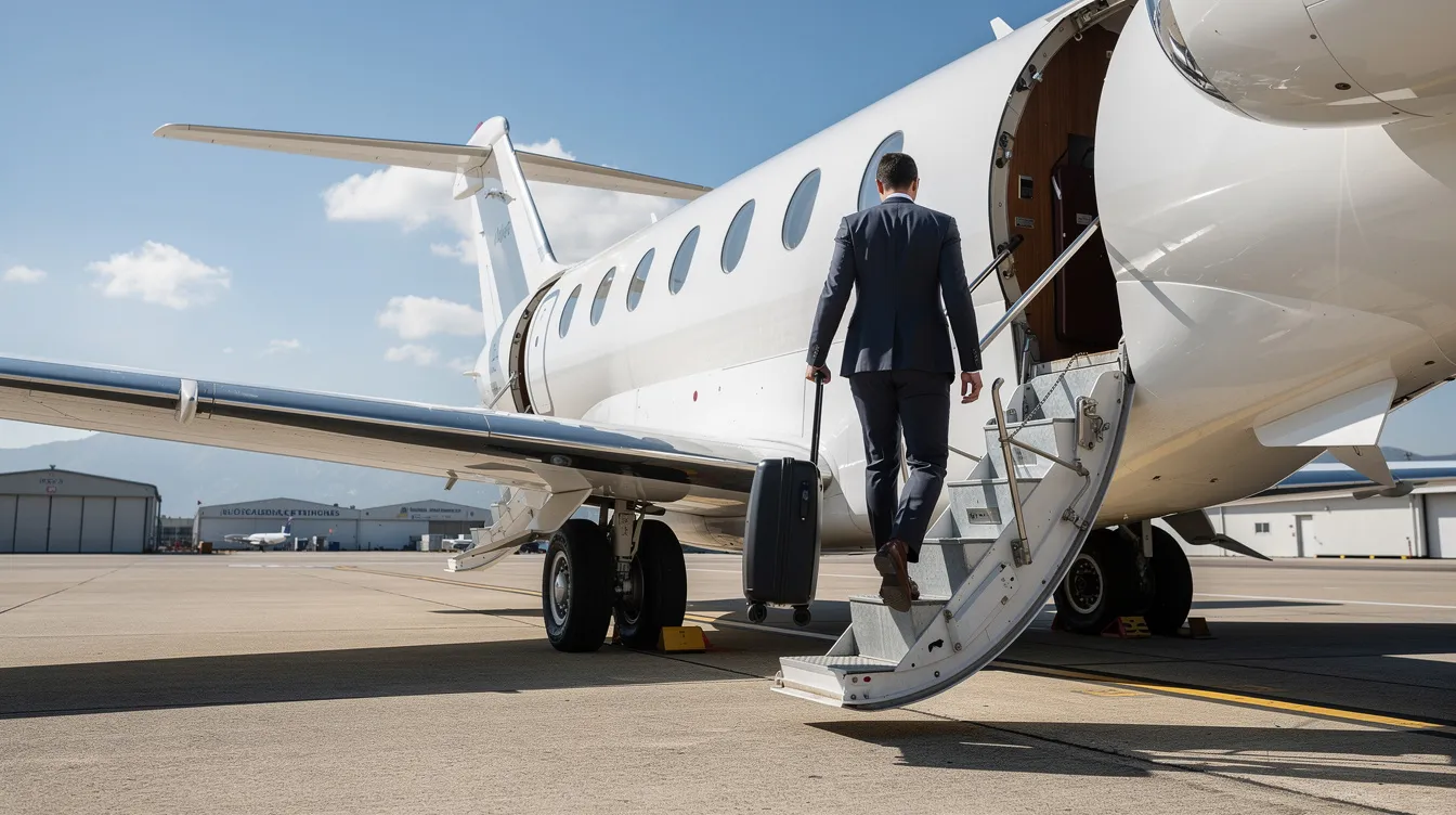 A person in business attire is walking up the stairs to board a luxury private jet on a sunny runway, showcasing the elegance of private aviation. The scene highlights the unparalleled luxury and convenience that private air travel offers compared to commercial flights.