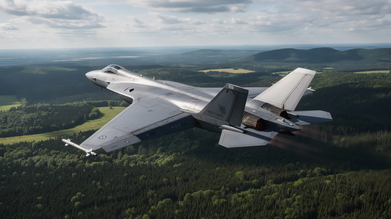 A military-style jet aircraft in a sleek grey livery soars above a lush, forested landscape, showcasing its aerodynamic design. This aircraft, reminiscent of the Tupolev Tu 204, exemplifies advanced Russian avionics and is designed for both military and potential commercial service.