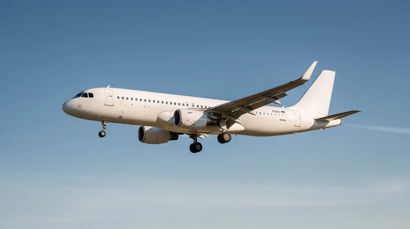 A narrow-body twin-engine jet, specifically a Tupolev Tu 204, is seen in side profile as it soars through a clear blue sky, showcasing its sleek fuselage and wings. This aircraft is known for its fuel efficiency and competitive performance in commercial service, incorporating advanced Russian and foreign avionics.