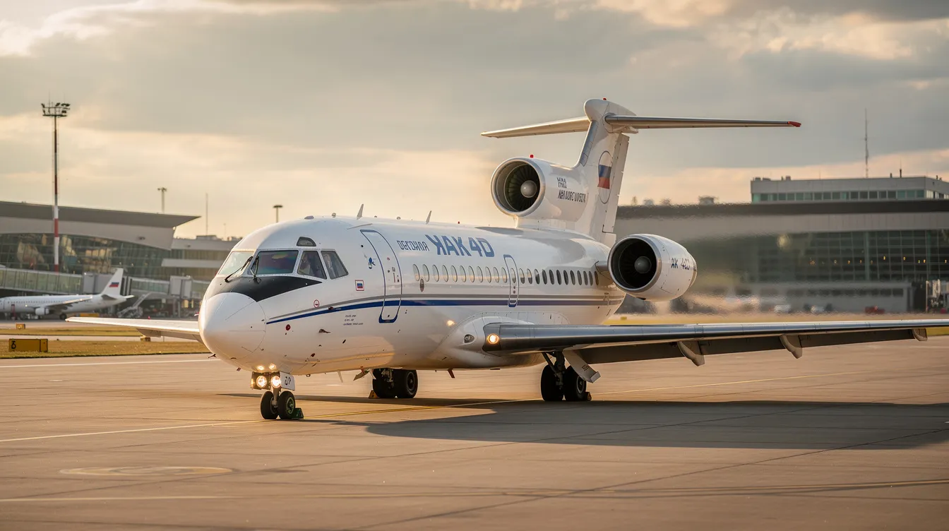The image features a Yakovlev Yak-42D, a Soviet-era turboprop airliner known for its medium-range capabilities and ability to accommodate passengers comfortably. The aircraft is depicted on a runway, showcasing its distinctive rear fuselage and wingspan, with two pilots visible in the cockpit, ready for takeoff.