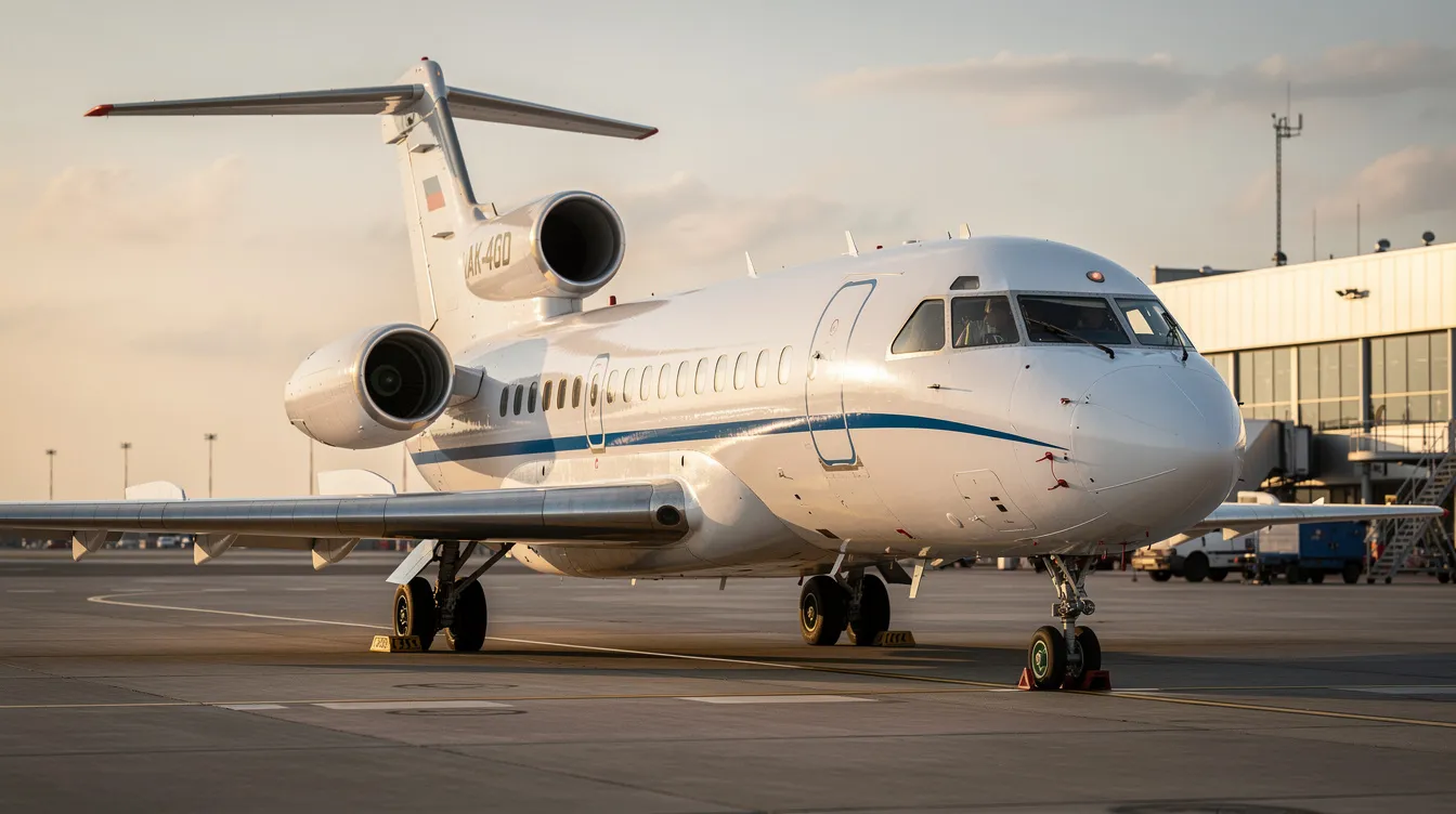 The image features a Yakovlev Yak-42D, a Soviet-era turboprop airliner known for its medium-range capabilities and ability to accommodate passengers comfortably. The aircraft is depicted on a runway, showcasing its distinctive rear fuselage and wingspan, with two pilots visible in the cockpit, ready for takeoff.