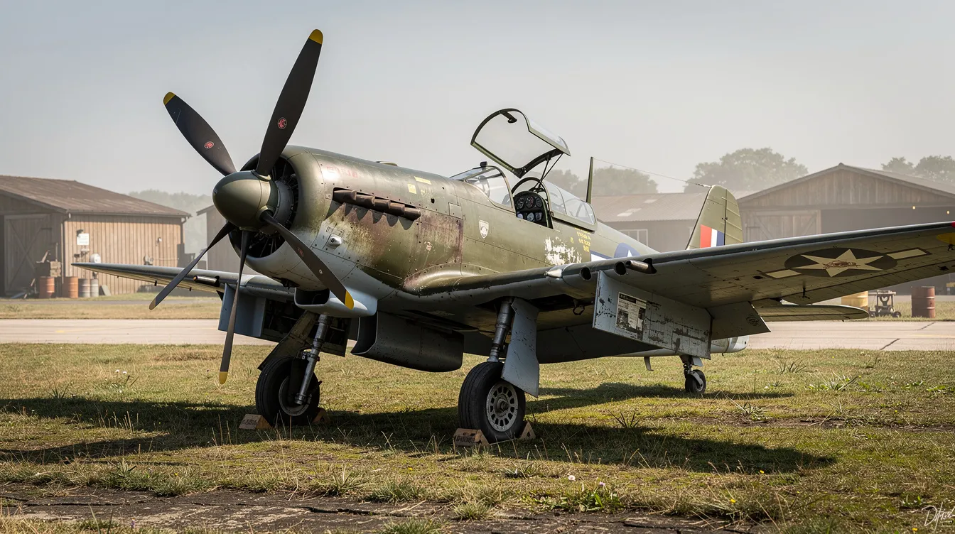 A vintage World War II era single-engine propeller fighter aircraft is parked on a grassy airfield, showcasing its classic design and military heritage. The plane, reminiscent of the army air forces, features a sleek fuselage and prominent wings, embodying the spirit of wartime aviation.