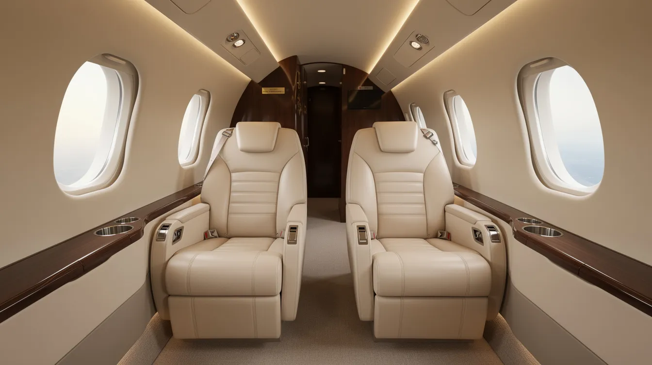 The image depicts the interior of a small pressurized cabin aircraft, featuring cream leather seats and elegant wood trim details, reminiscent of the design found in the Piper PA-46 Malibu Mirage. This cozy setting is ideal for passengers seeking comfort during flights, highlighting the aircraft's focus on performance and style.