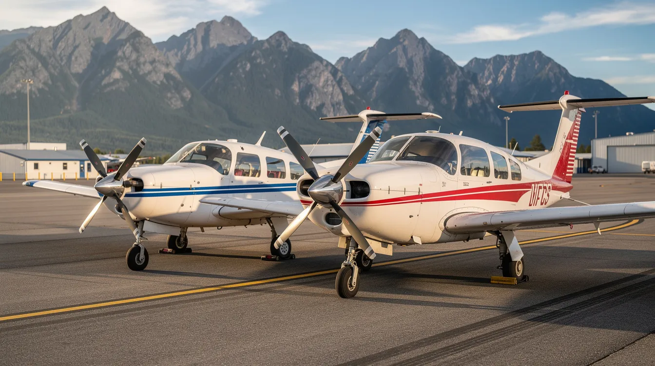 Two small Piper aircraft, including a Malibu Mirage, are parked side by side on a paved regional airport tarmac, with majestic mountains visible in the background. The scene captures the essence of aviation, highlighting the light planes' sleek designs against the natural landscape.
