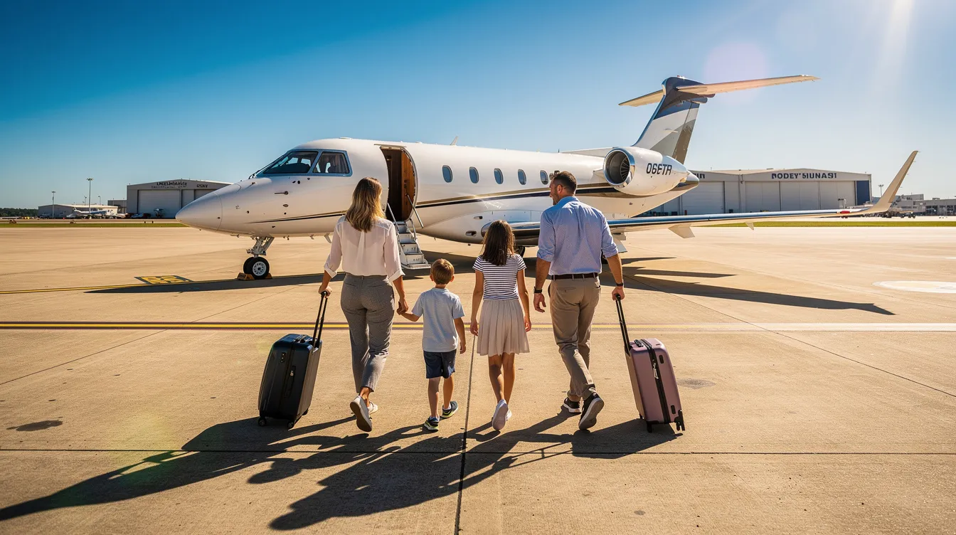 A family of four is walking toward a small private aircraft, specifically a Piper PA-46, on a sunny airport tarmac. The scene captures the excitement of travel, with the aircraft's sleek design and the family preparing for their flight adventure.