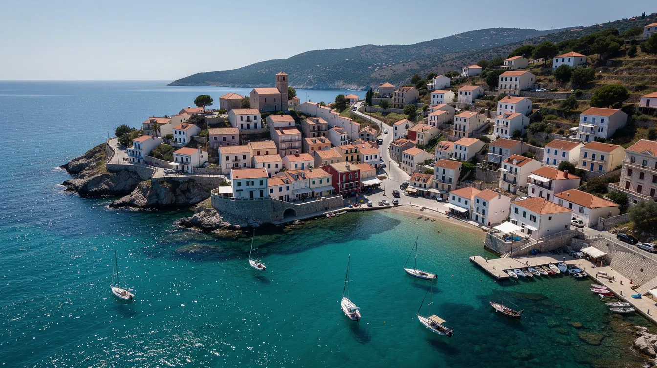 An aerial view showcases a picturesque Mediterranean coastal town, characterized by calm turquoise waters dotted with a few boats. This serene landscape highlights the ideal setting for planning your next international trip, where you can explore affordable flights and track flight prices for the best deals.