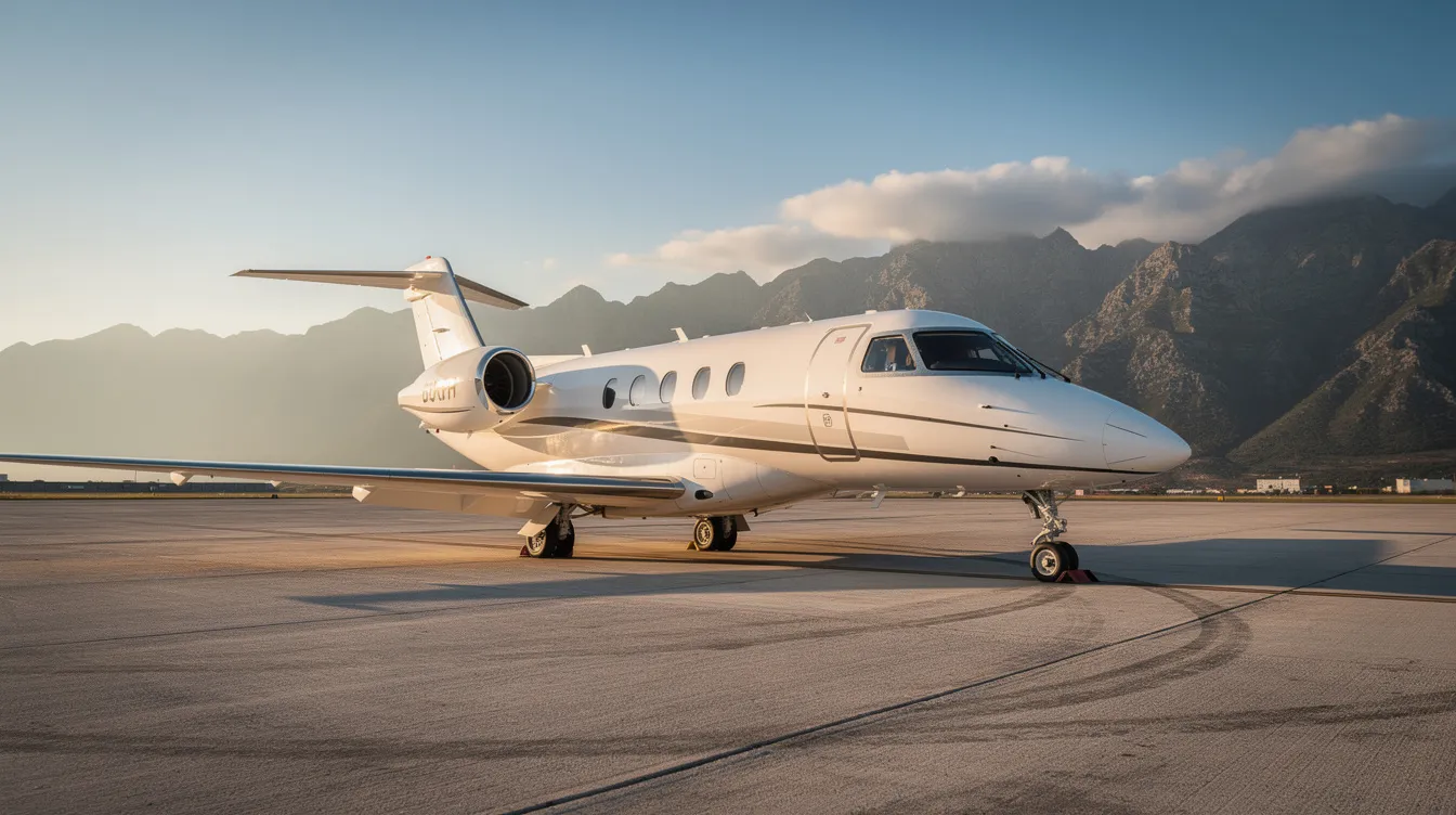 A small private jet is parked on a tarmac with majestic mountains in the background, symbolizing luxury air travel. This scene captures the essence of booking flights for both domestic and international trips, where travelers often seek to find cheap flights and the best deals.
