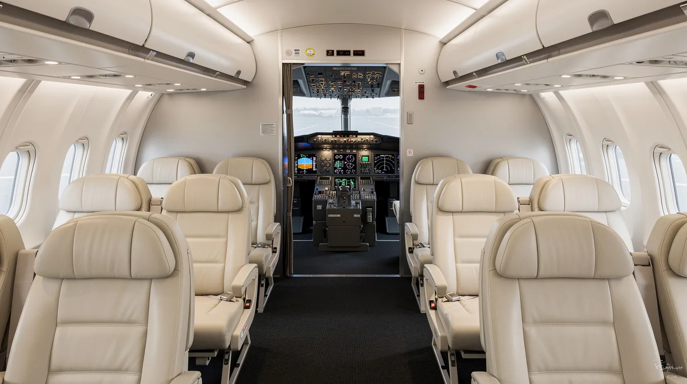 The image showcases a clean aircraft cabin interior featuring luxurious leather seats, with modern avionics visible through the cockpit door, highlighting the essential details for potential buyers in aviation sales. This inviting atmosphere emphasizes the importance of maintaining a pristine environment for successful transactions in the aircraft market.