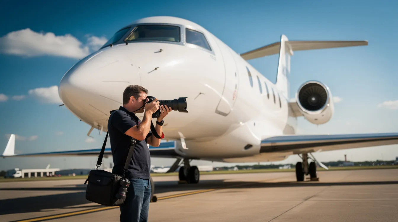 A photographer captures a business jet from a low angle on a bright day, showcasing the sleek design and details of the aircraft, which is essential for potential buyers in aviation sales. This image emphasizes the importance of understanding the transaction process when selling or buying an airplane.