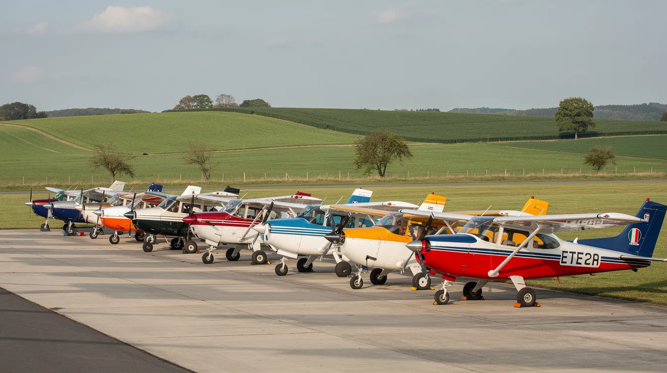 A row of small single-engine airplanes, including some rare and vintage aircraft, is neatly lined up at a rural airport with lush green fields in the background. These affordable aircraft offer a great option for new pilots looking to buy cheap planes for personal flying or flight training.