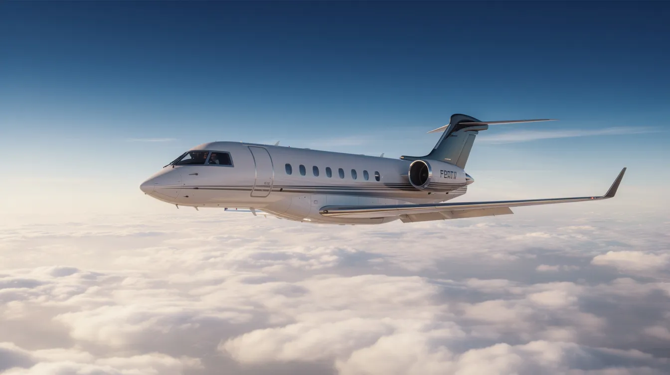 A sleek modern small business jet is soaring above a blanket of fluffy white clouds, showcasing its compact design and ability to accommodate four passengers comfortably. This aircraft represents the pinnacle of private jets, ideal for those seeking efficient and luxurious business aviation options.