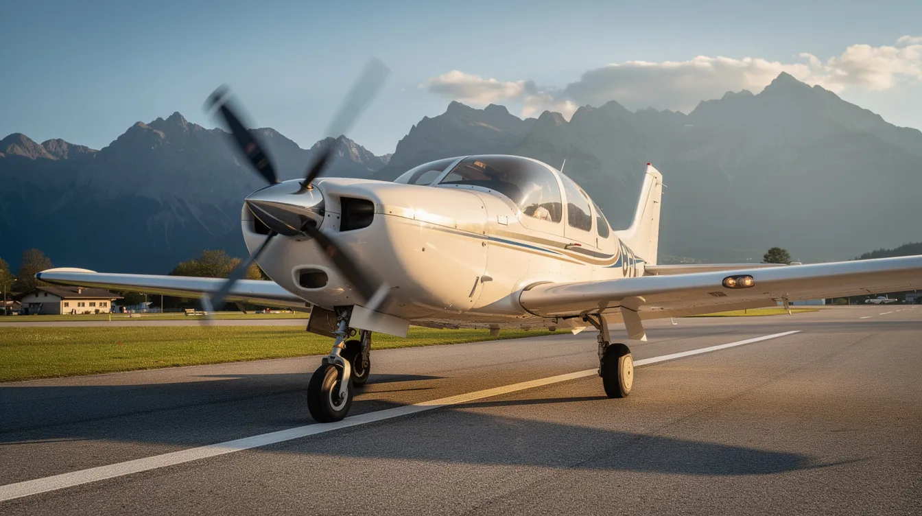 A modern four-seat piston airplane, resembling a light sport aircraft, is positioned on a paved runway with majestic mountains in the background, ready for a journey in the skies. This aircraft, designed for efficiency and performance, offers a comfortable flying experience for pilots and passengers alike.