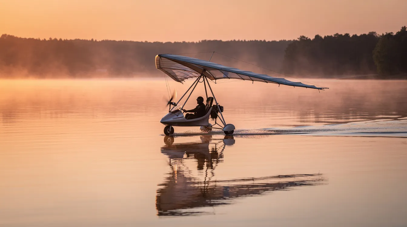 An ultralight trike aircraft, a type of light sport aircraft, glides gracefully over a calm lake at sunrise, showcasing its fuel-efficient design and cruising speed. The tranquil scene captures the freedom of flight and the beauty of nature, inviting pilots and enthusiasts to explore the skies.