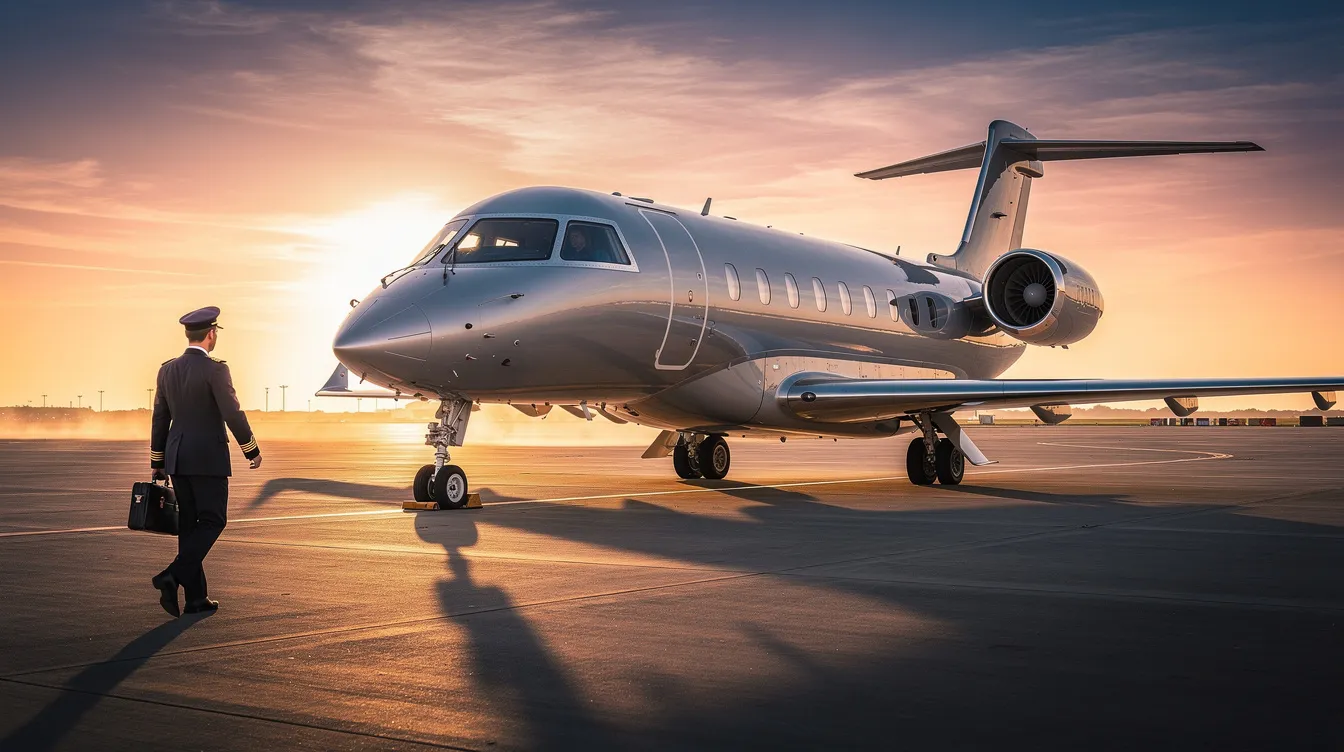 A sleek private jet, resembling a high-performance sport aircraft, is parked on the tarmac at sunset, casting a warm glow on its polished surface. A pilot in uniform walks confidently towards the aircraft, ready for an exciting journey in the skies.