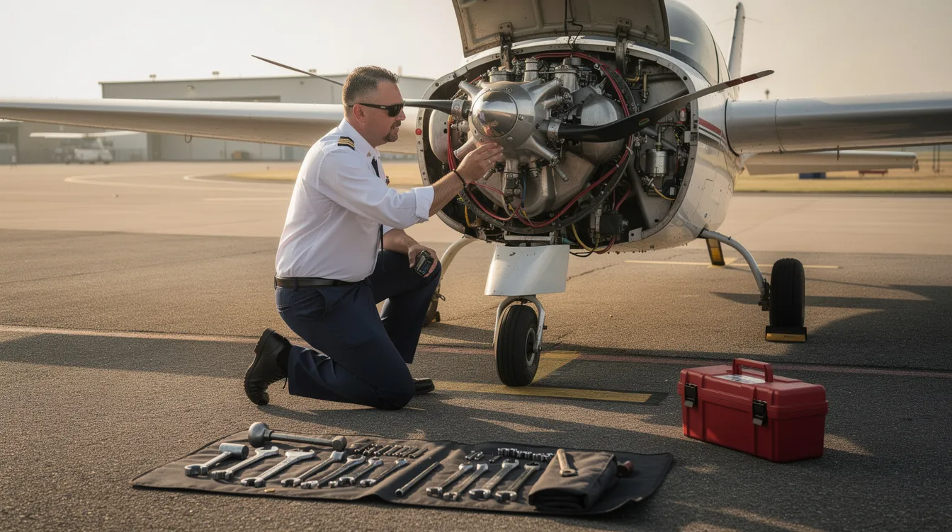 A pilot is carefully inspecting the engine of a small light sport aircraft on a paved ramp, with various tools laid out nearby, emphasizing the meticulous maintenance of the aircraft in excellent condition. This scene captures the dedication required for aircraft purchase and the attention to detail necessary for safe flying adventures.
