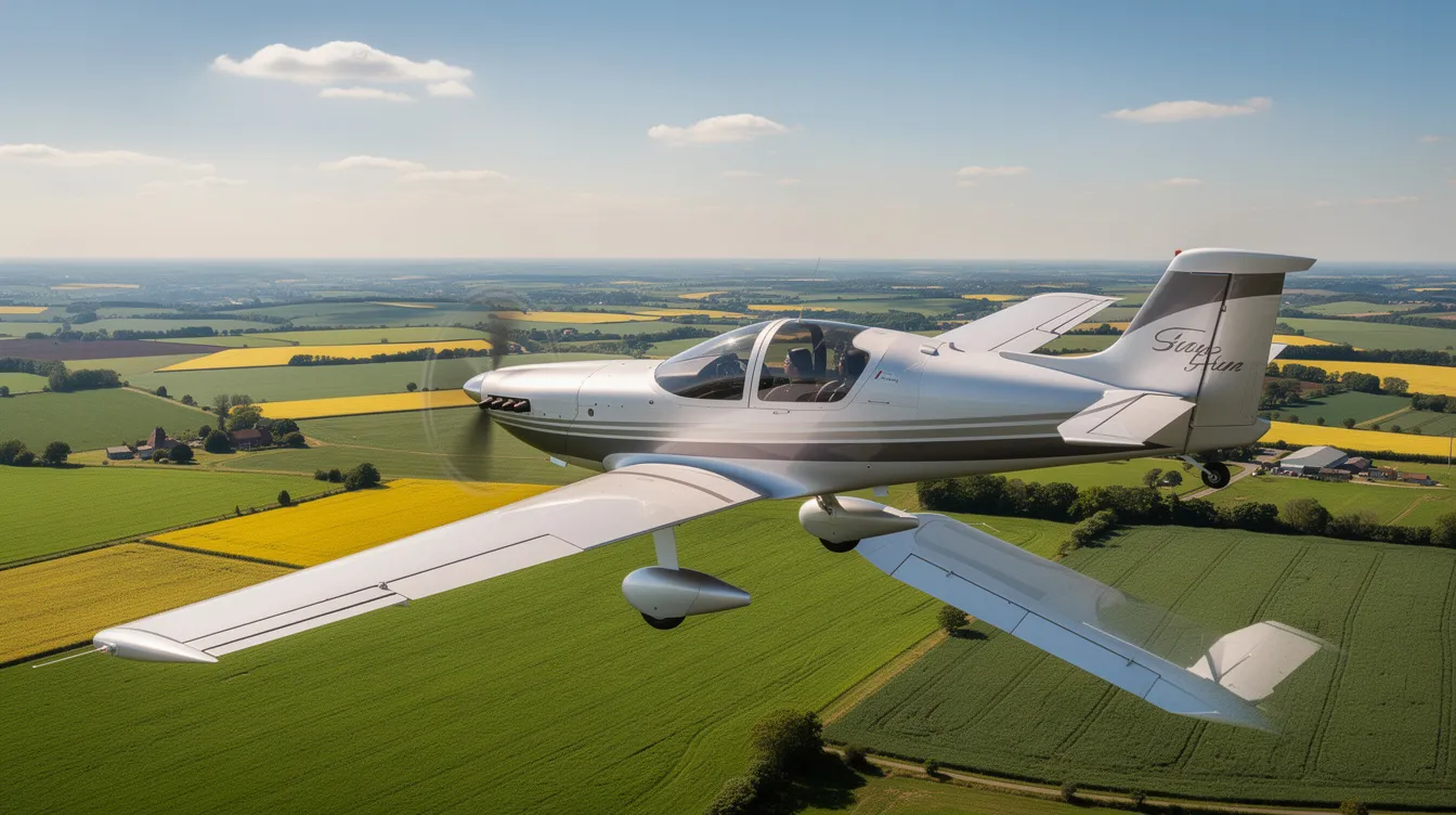 A sleek low-wing composite light sport aircraft is soaring over vibrant green farmland under a sunny sky, showcasing its excellent condition and performance. This ultralight aircraft, meticulously maintained and equipped with dual controls, is perfect for pilots seeking adventures in the air.