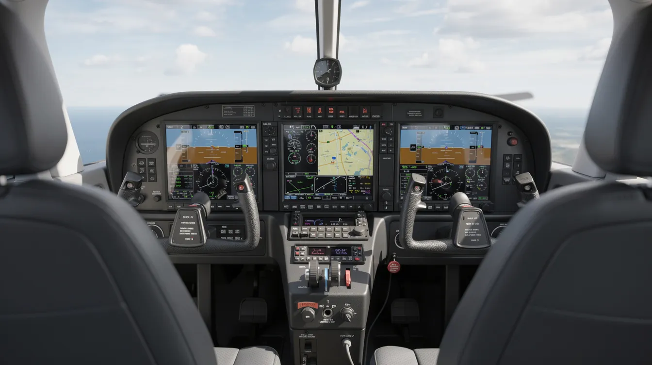 The image features a modern glass cockpit of a small aircraft, showcasing advanced digital avionics screens and flight instruments that enhance pilot training and navigation. This setup is ideal for those interested in aircraft sales, particularly in the context of piston aircraft and other models used for ground school and training.