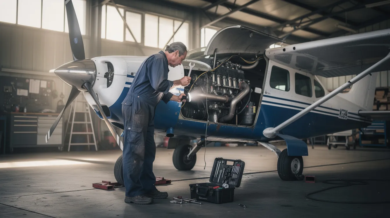 A mechanic in overalls is inspecting the engine compartment of a small propeller airplane inside a hangar, focusing on the aircraft's engine and avionics. This setting highlights the importance of regular inspections for maintaining the performance and safety of piston aircraft.